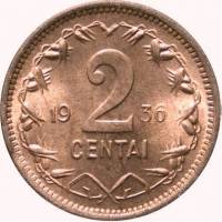 () Монета Литва 1936 год 2  ""   Алюминиево-Никелево-Бронзовый сплав (Al-Ni-Br)  UNC
